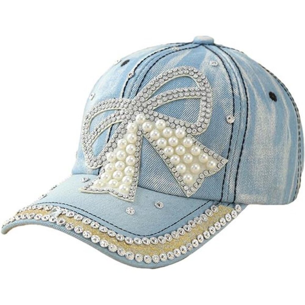Women's Denim Baseball Cap with Pearl Rhinestone Trendy Y2k Visors UV
